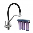 Eco Queen treveis kjøkkenkran i blank utførelse - chrome/rustfritt stål - og sort bevegelig slange. Eget utløp for renset drikevann.  thumbnail