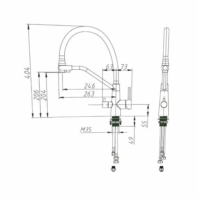 Eco Queen 3-veis kjøkkenkran - Mål, teknisk tegning