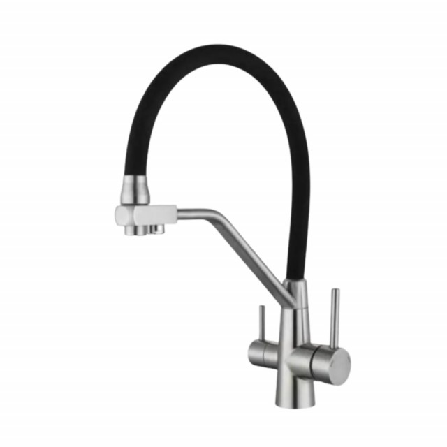 Eco Queen 3-veis kran for renset drikkevann og forbruksvann i ett. Stilig chrome og sort utførelse. 