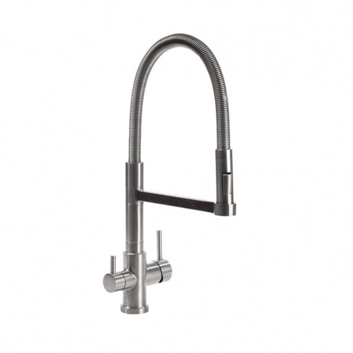 Altea treveis kran i børstet rustfritt stål med avtagbar tut og bevegelig slange. to spaker- en for drikkevann og en for forbruksvann