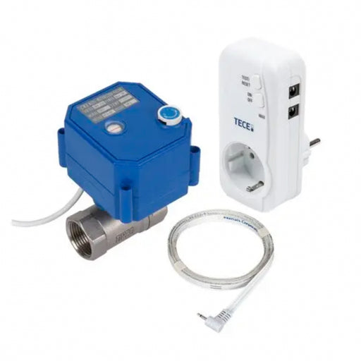 Vannlekkasjesikring med motorventil, styringsenhet og sensorledning